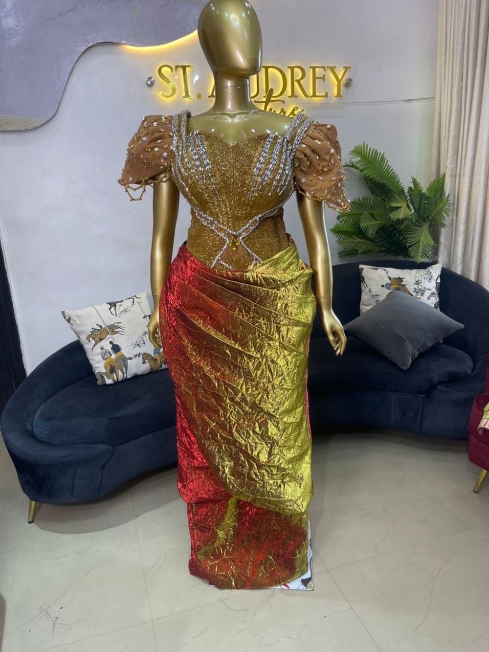 St. Audrey Red and Gold Metallic Draped Maxi Skirt